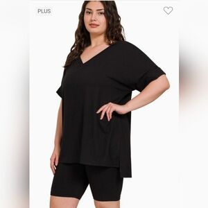 Black V-Neck Short Sleeve With Matching Shorts